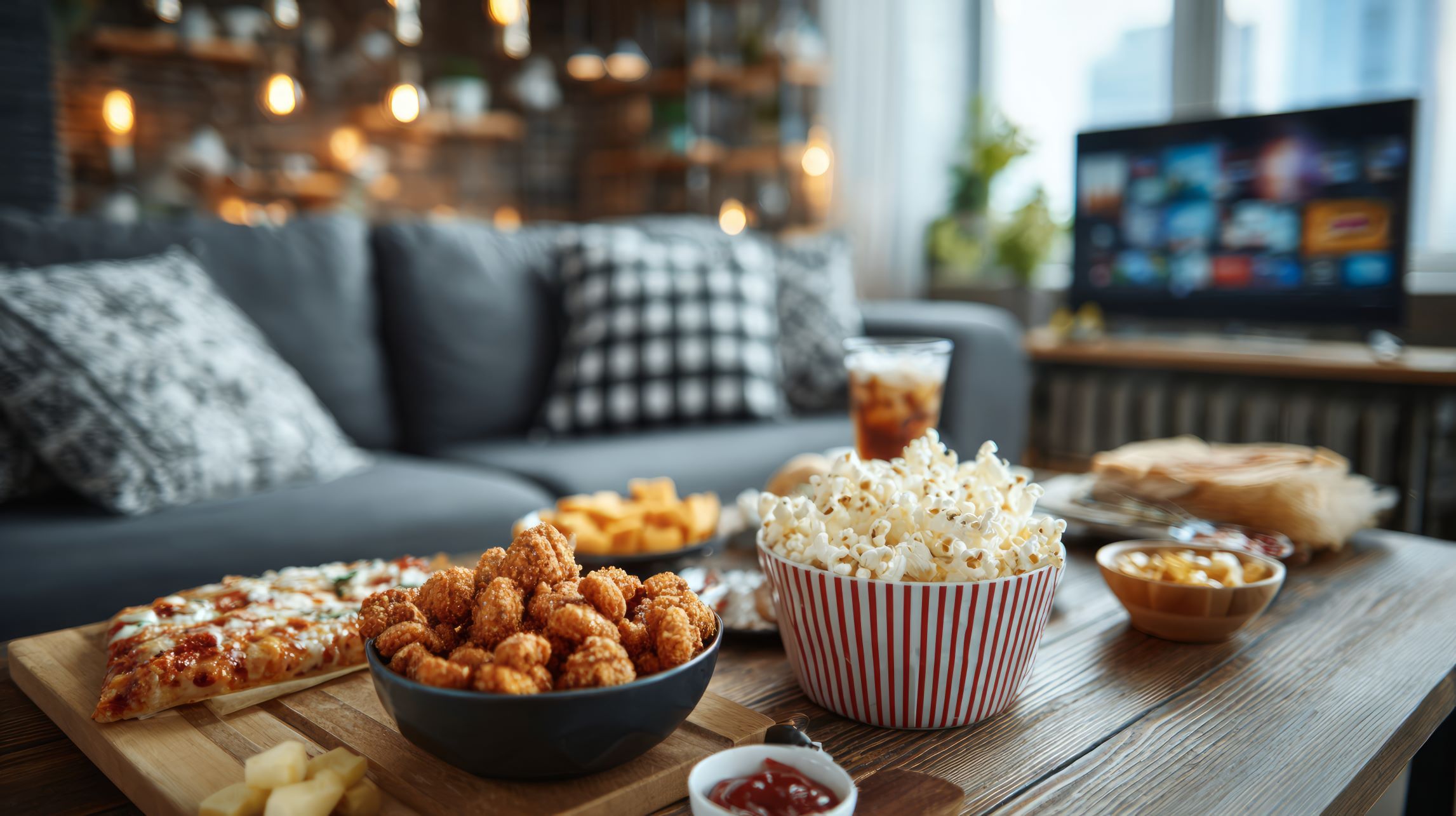 Junk food on a table by a couch with a TV streaming videos in the background.